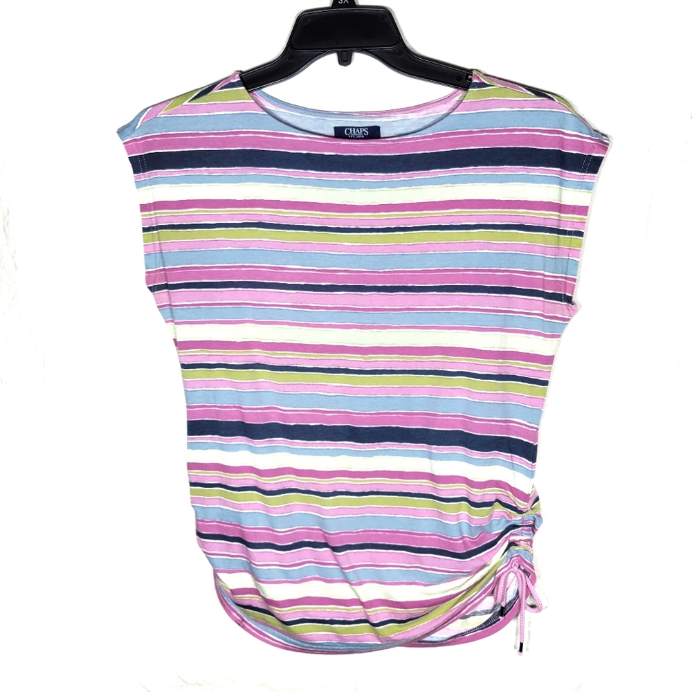 Chaps striped shortsleeve blouse S women's small top pink stripe tie